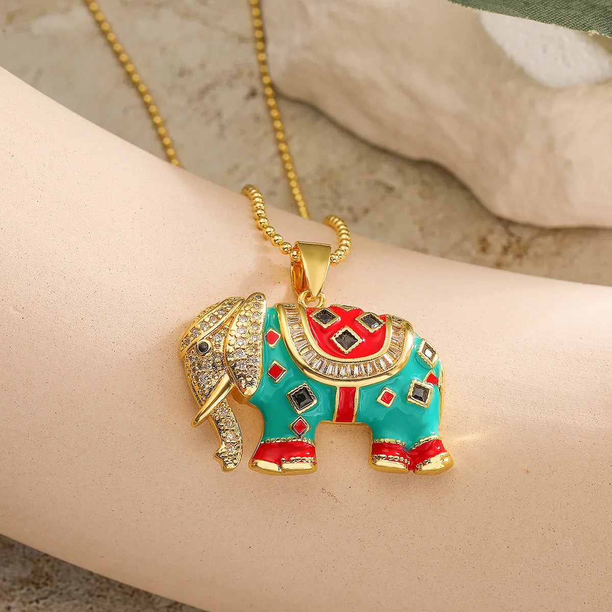 Copper 18K Gold Plated Retro Elephant Enamel Inlay Zircon Pendant Necklace