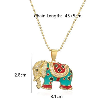 Copper 18K Gold Plated Retro Elephant Enamel Inlay Zircon Pendant Necklace