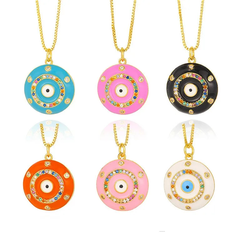 Copper 18K Gold Plated Retro Enamel Inlay Devil'S Eye Zircon Pendant Necklace