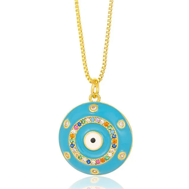 Copper 18K Gold Plated Retro Enamel Inlay Devil'S Eye Zircon Pendant Necklace