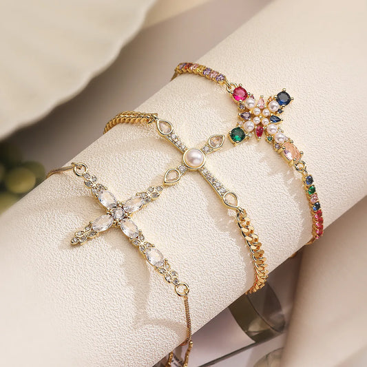 Copper 18K Gold Plated Retro Simple Style Commute Cross Inlay Pearl Zircon Bracelets