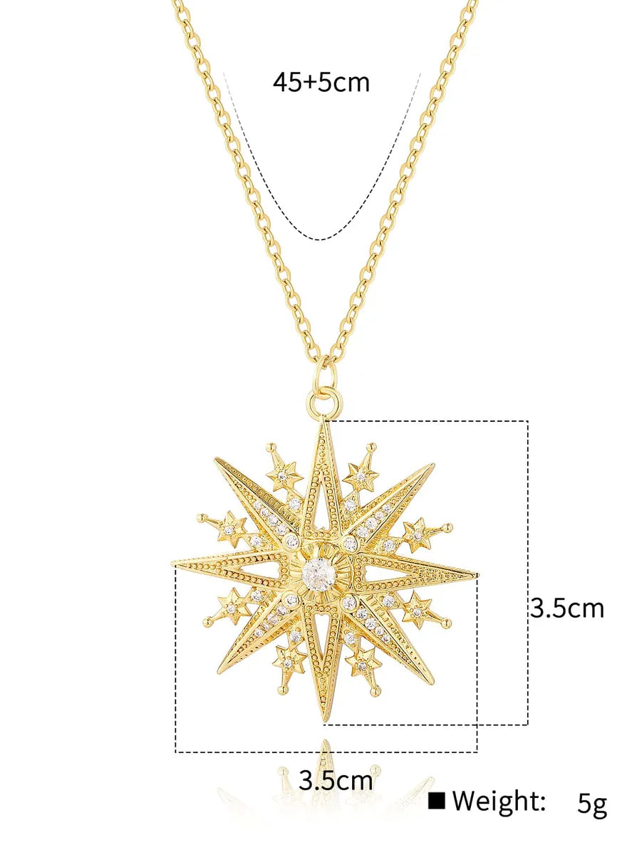 Copper 18K Gold Plated Shiny Rose Snowflake Inlay Zircon Pendant Necklace