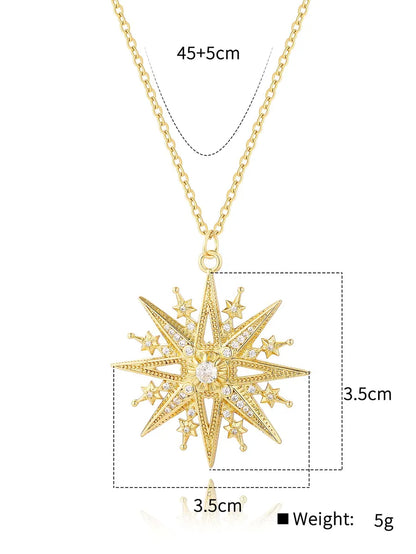 Copper 18K Gold Plated Shiny Rose Snowflake Inlay Zircon Pendant Necklace