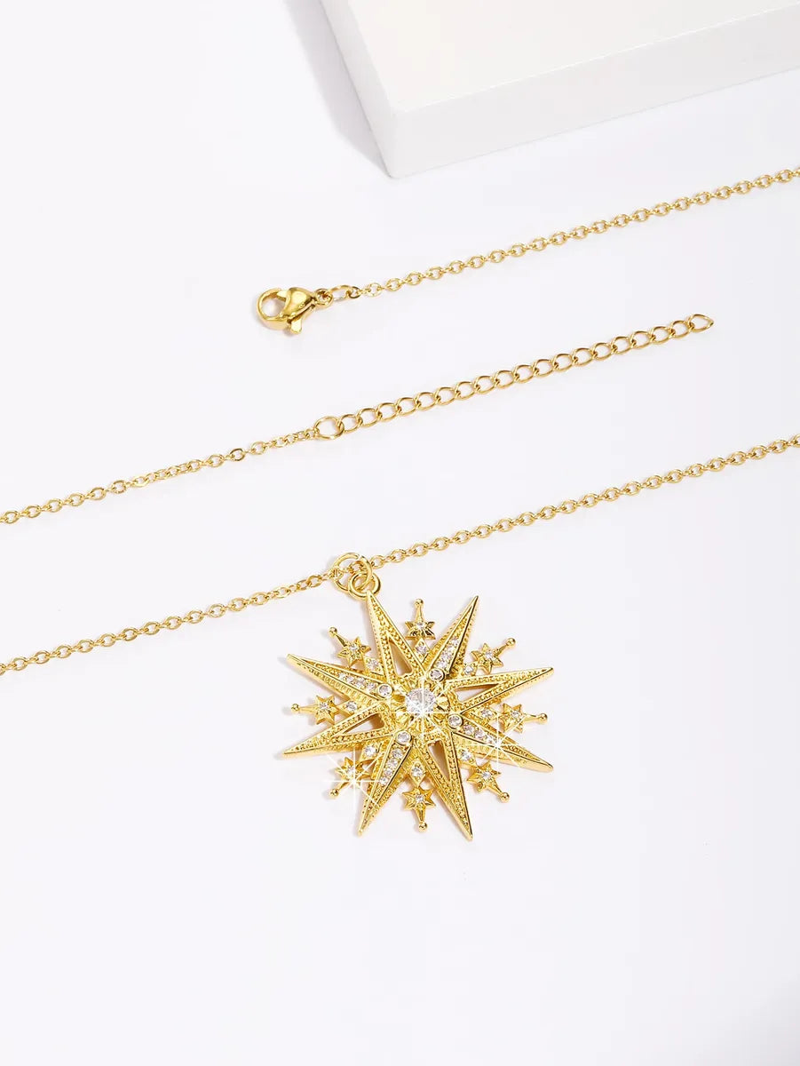 Copper 18K Gold Plated Shiny Rose Snowflake Inlay Zircon Pendant Necklace