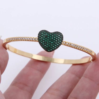 Copper 18K Gold Plated Simple Style Classic Style Enamel Inlay Heart Shape Zircon Bangle