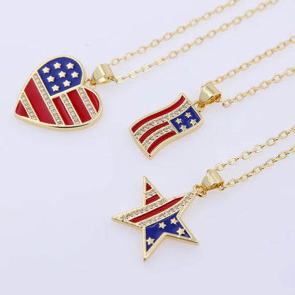 Copper 18K Gold Plated Simple Style Classic Style Plating Inlay National Flag Star Heart Shape Zircon Pendant Necklace