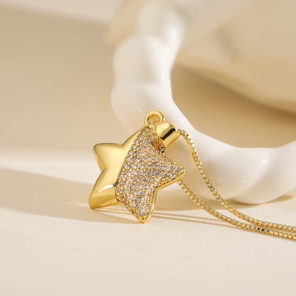 Copper 18K Gold Plated Simple Style Commute Hollow Out Inlay Love Star Heart Shape Zircon Pendant Necklace