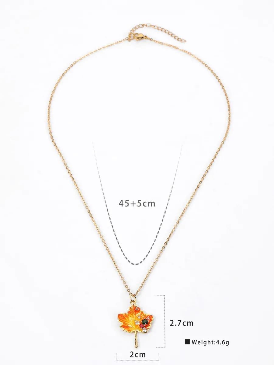 Copper 18K Gold Plated Simple Style Cross Leaf Maple Leaf Enamel Inlay Zircon Pendant Necklace