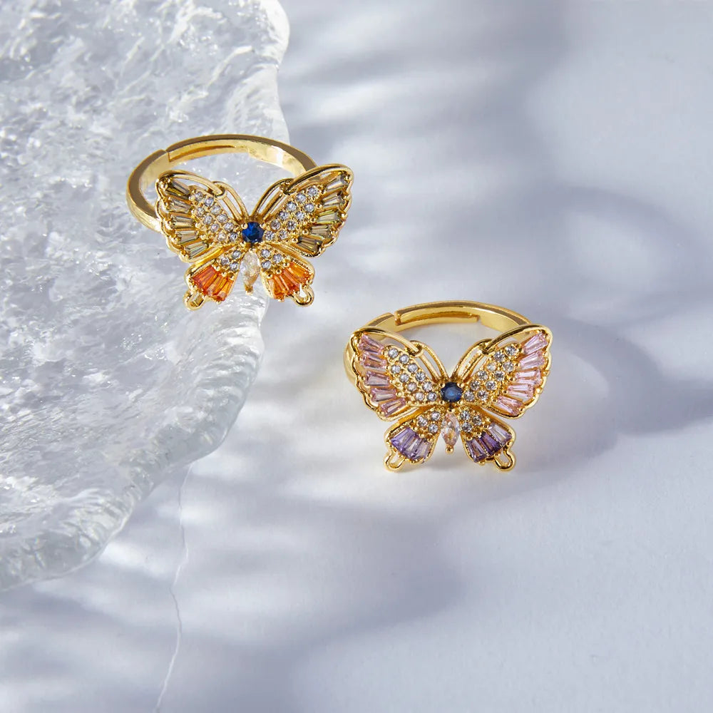 Copper 18K Gold Plated Simple Style Korean Style Inlay Butterfly Rhinestones Open Rings