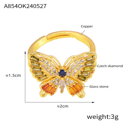 Copper 18K Gold Plated Simple Style Korean Style Inlay Butterfly Rhinestones Open Rings