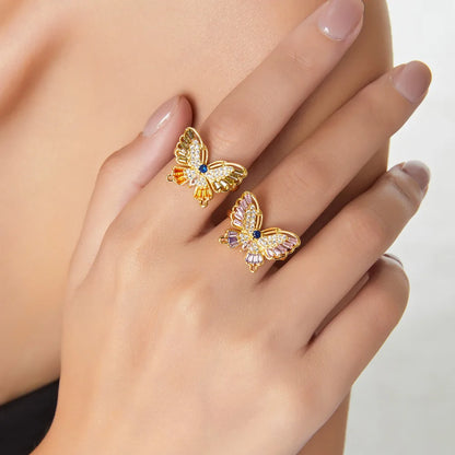 Copper 18K Gold Plated Simple Style Korean Style Inlay Butterfly Rhinestones Open Rings