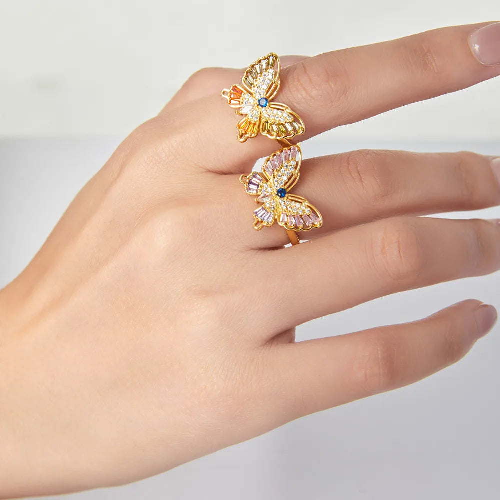 Copper 18K Gold Plated Simple Style Korean Style Inlay Butterfly Rhinestones Open Rings