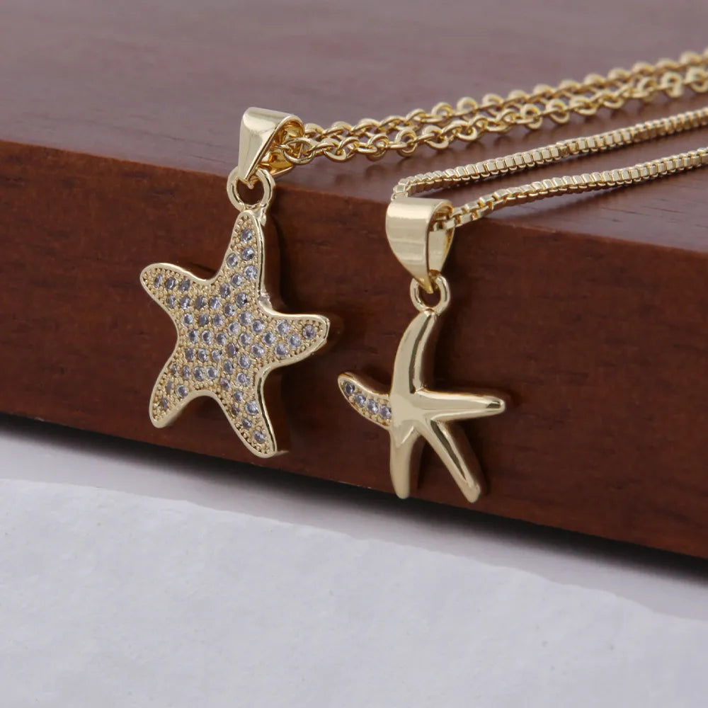 Copper 18K Gold Plated Starfish Zircon Pendant Necklace