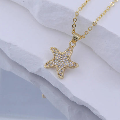 Copper 18K Gold Plated Starfish Zircon Pendant Necklace