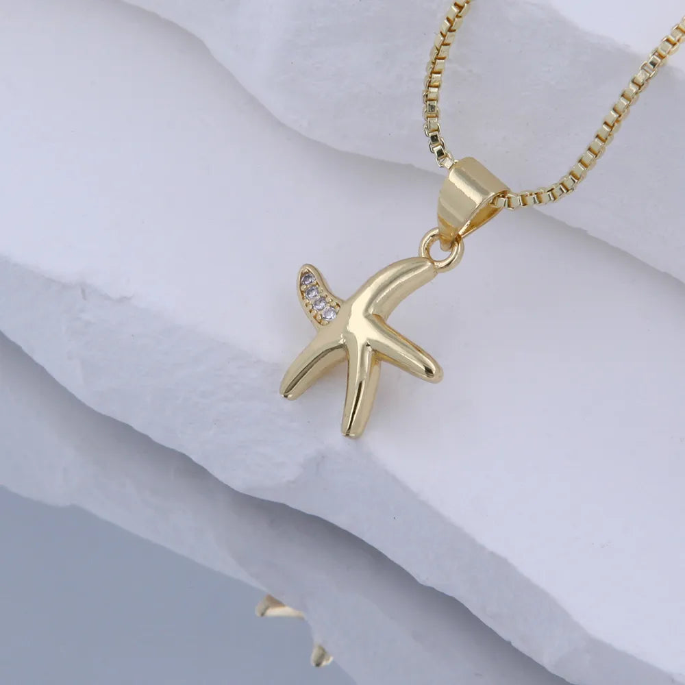 Copper 18K Gold Plated Starfish Zircon Pendant Necklace