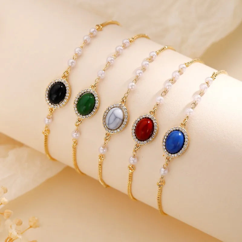 Copper 18K Gold Plated Vacation Simple Style Pearl Plating Inlay Round Turquoise Zircon Bracelets