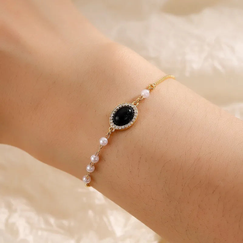 Copper 18K Gold Plated Vacation Simple Style Pearl Plating Inlay Round Turquoise Zircon Bracelets