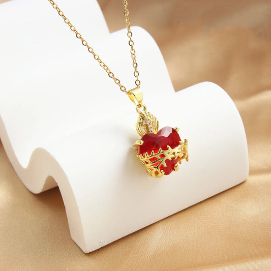 Copper 18K Gold Plated Vintage Style Commute Inlay Heart Shape Zircon Pendant Necklace