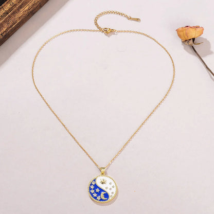 Copper 18K Gold Plated Vintage Style Enamel Inlay Star Moon Zircon Pendant Necklace