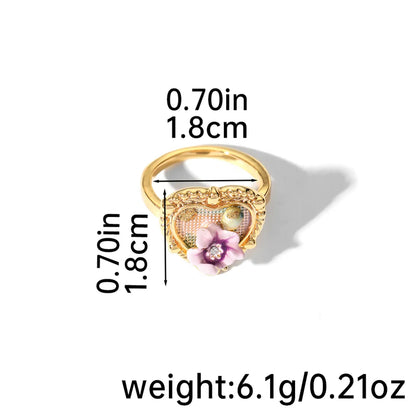 Copper 18K Gold Plated Vintage Style Inlay Heart Shape Flower Freshwater Pearl Rings