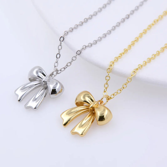 Copper 18K Gold Plated White Gold Plated Cute Solid Color Plating Bow Knot Pendant Necklace