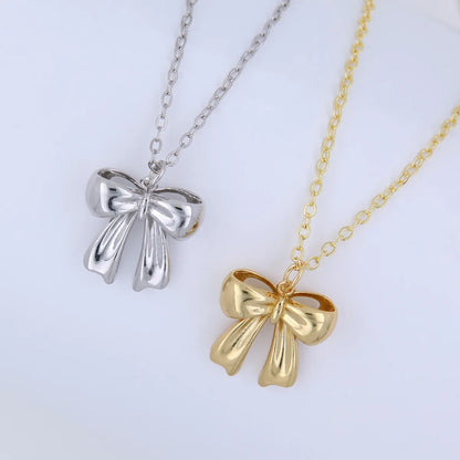 Copper 18K Gold Plated White Gold Plated Cute Solid Color Plating Bow Knot Pendant Necklace