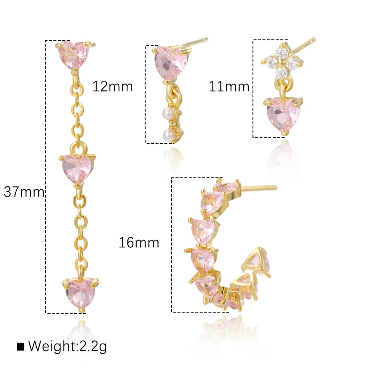 Copper 18K Gold Plated White Gold Plated IG Style Sweet Simple Style Asymmetrical Inlay Heart Shape Zircon Drop Earrings Ear Studs