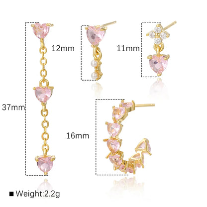 Copper 18K Gold Plated White Gold Plated IG Style Sweet Simple Style Asymmetrical Inlay Heart Shape Zircon Drop Earrings Ear Studs