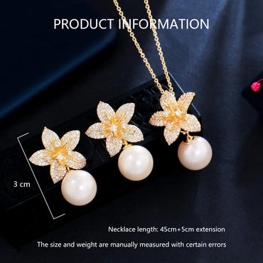 Copper 18K Gold Plated White Gold Plated Inlay Tassel Pearl Zircon Earrings Necklace Jewelry Set