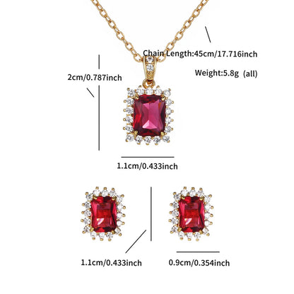 Copper 24K Gold Plated Elegant Lady Simple Style Plating Inlay Rectangle Artificial Gemstones Earrings Necklace Jewelry Set