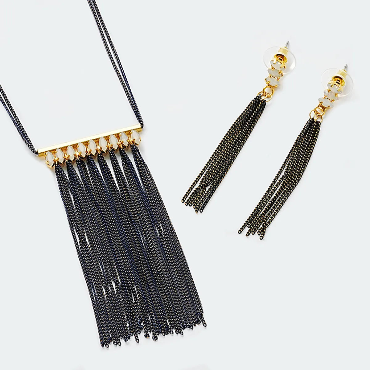 Copper Black Nickel Plating Elegant Glam Tassel Inlay Glass Stone Earrings Necklace