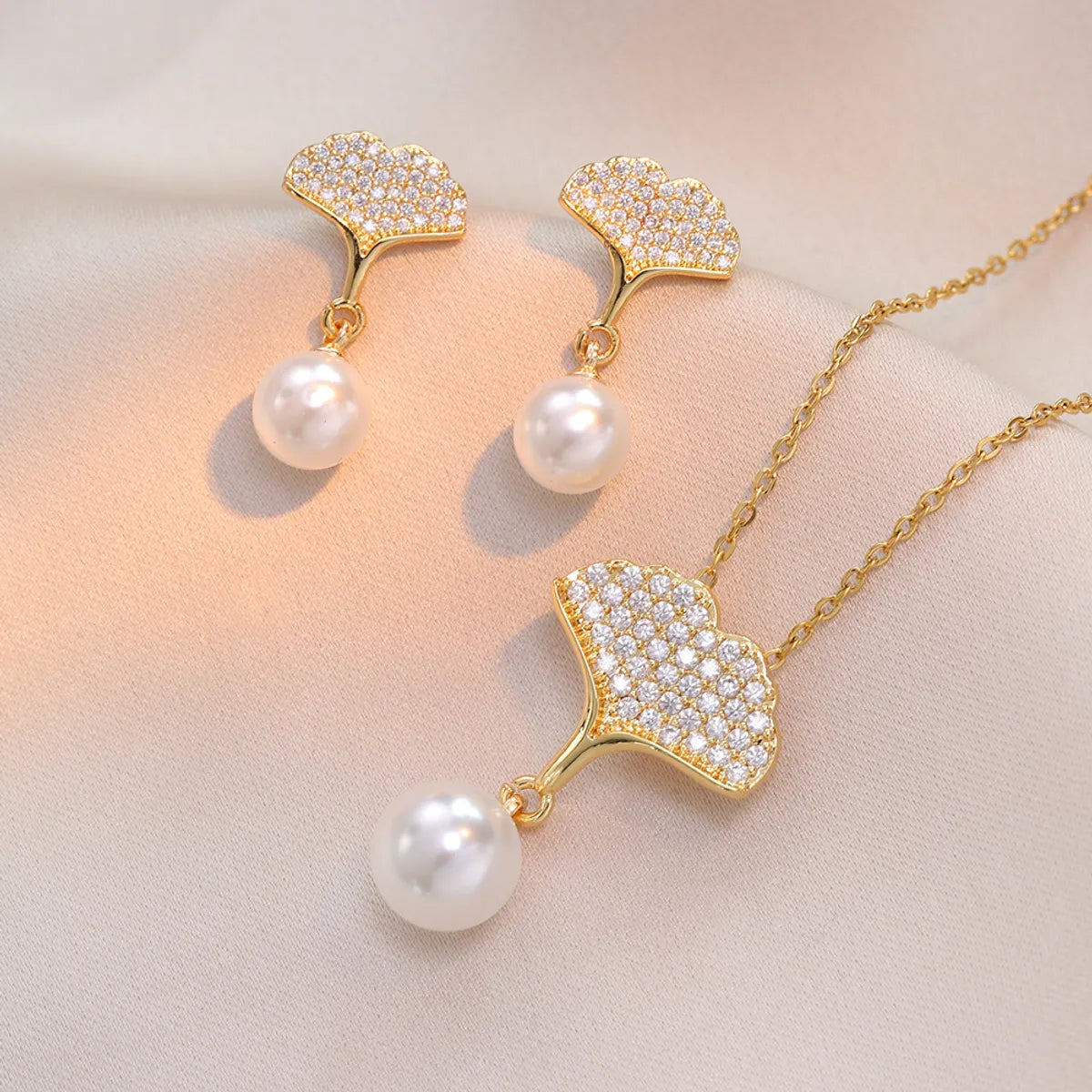 Copper Brass Casual Punk Round Ginkgo Leaf Plating Inlay Pearl Zircon Jewelry Set