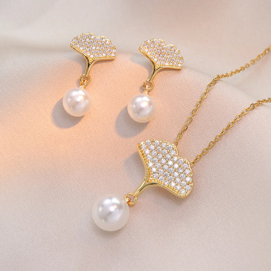 Copper Brass Casual Punk Round Ginkgo Leaf Plating Inlay Pearl Zircon Jewelry Set