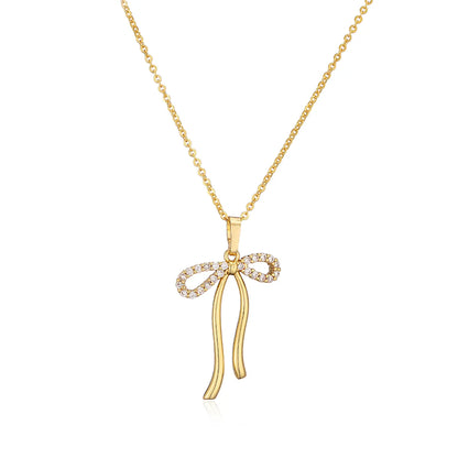 Copper Casual Elegant Simple Style Inlay Bow Knot Artificial Pearls Zircon Pendant Necklace