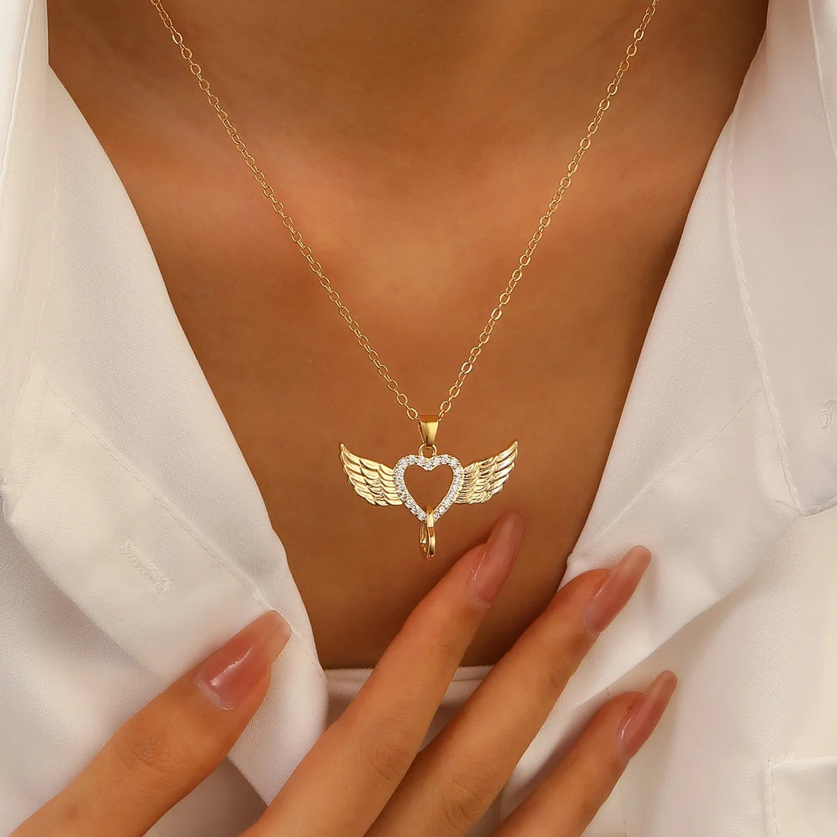 Copper Casual Simple Style Heart Shape Wings Pendant Necklace