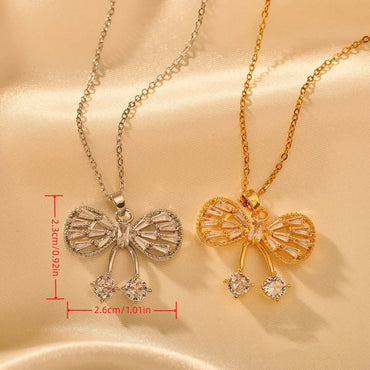 Copper Classical Handmade Funny Bow Knot Inlay Zircon Pendant Necklace