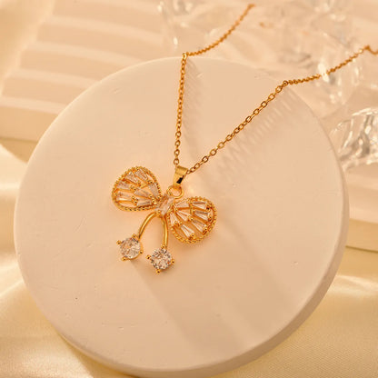 Copper Classical Handmade Funny Bow Knot Inlay Zircon Pendant Necklace