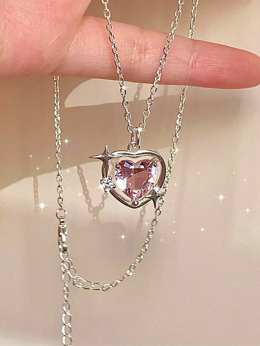 Copper Cute Heart Shape Inlay Zircon Pendant Necklace