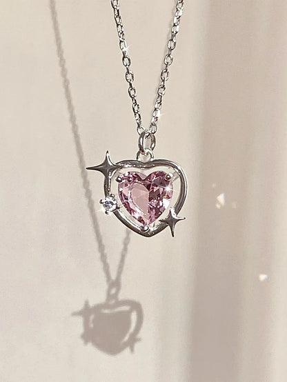 Copper Cute Heart Shape Inlay Zircon Pendant Necklace