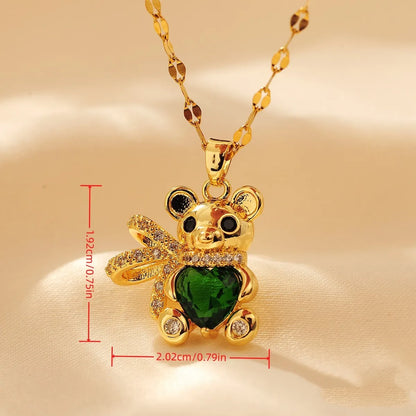 Copper Cute Modern Style Little Bear Inlay Zircon Pendant Necklace