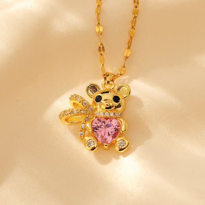 Copper Cute Modern Style Little Bear Inlay Zircon Pendant Necklace