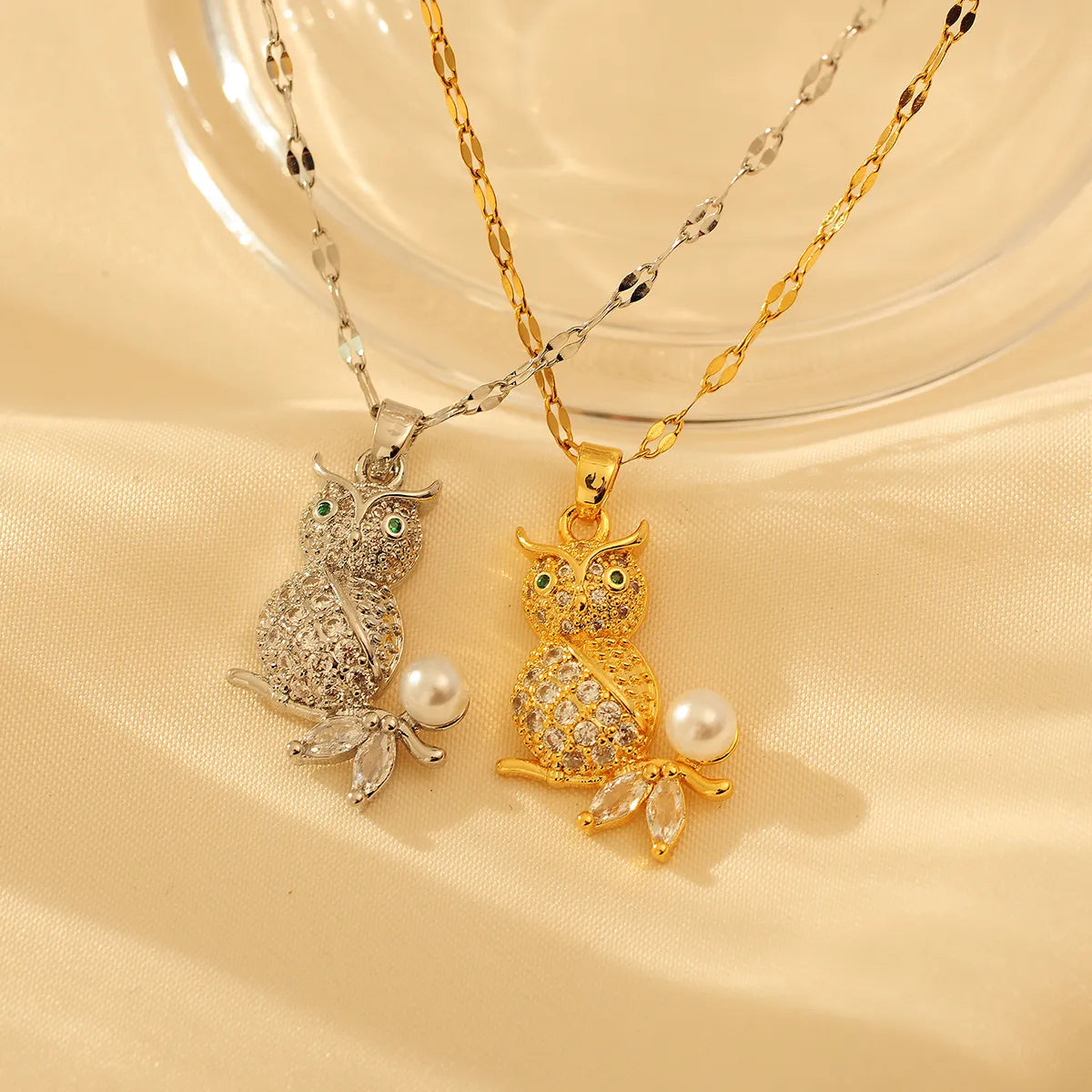 Copper Cute Simple Style Inlay Owl Zircon Pendant Necklace