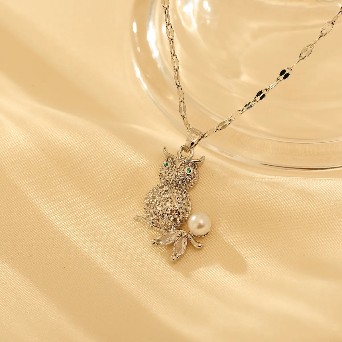 Copper Cute Simple Style Inlay Owl Zircon Pendant Necklace