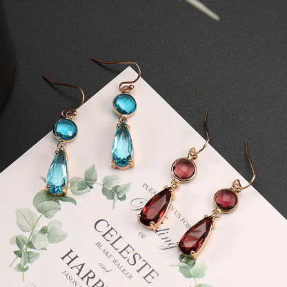 Copper Elegant Asymmetrical Plating Inlay Geometric Water Droplets Artificial Crystal Drop Earrings