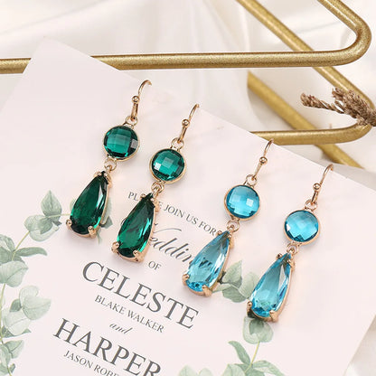 Copper Elegant Asymmetrical Plating Inlay Geometric Water Droplets Artificial Crystal Drop Earrings