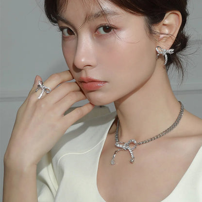 Copper Elegant Glam Bow Knot Plating Inlay Zircon Rings Earrings