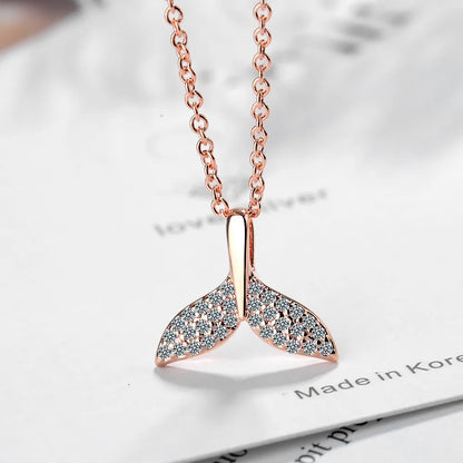 Copper Elegant Lady Inlay Dolphin Fish Tail Rhinestones Pendant Necklace