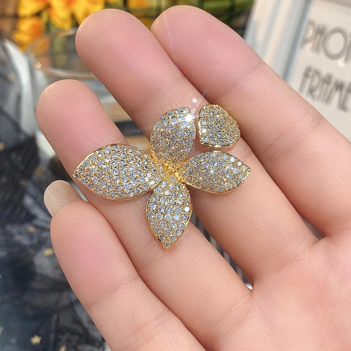 Copper Elegant Lady Streetwear Inlay Leaf Flower Zircon Open Rings