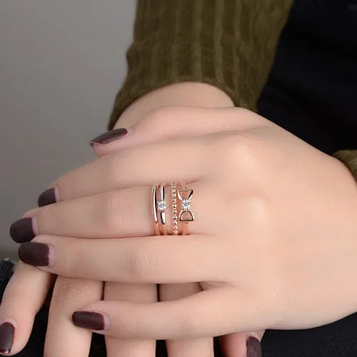 Copper Elegant Lady Sweet Inlay Bow Knot Zircon Open Rings