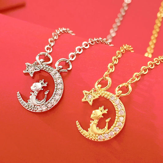 Copper Elegant Simple Style Moon Dragon Inlay Zircon Pendant Necklace